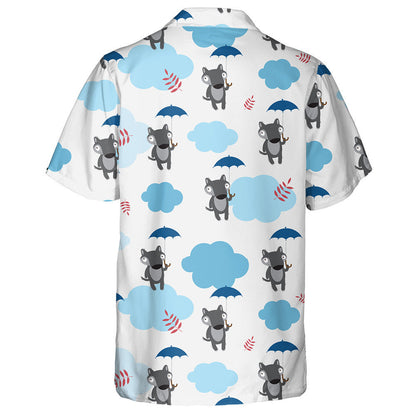 Cute Cartoon Wolf Umbrellas Clouds And Leaves Hawaiian Shirt, Hawaiian Shirt Gift, Christmas Gift