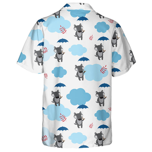 Cute Cartoon Wolf Umbrellas Clouds And Leaves Hawaiian Shirt, Hawaiian Shirt Gift, Christmas Gift