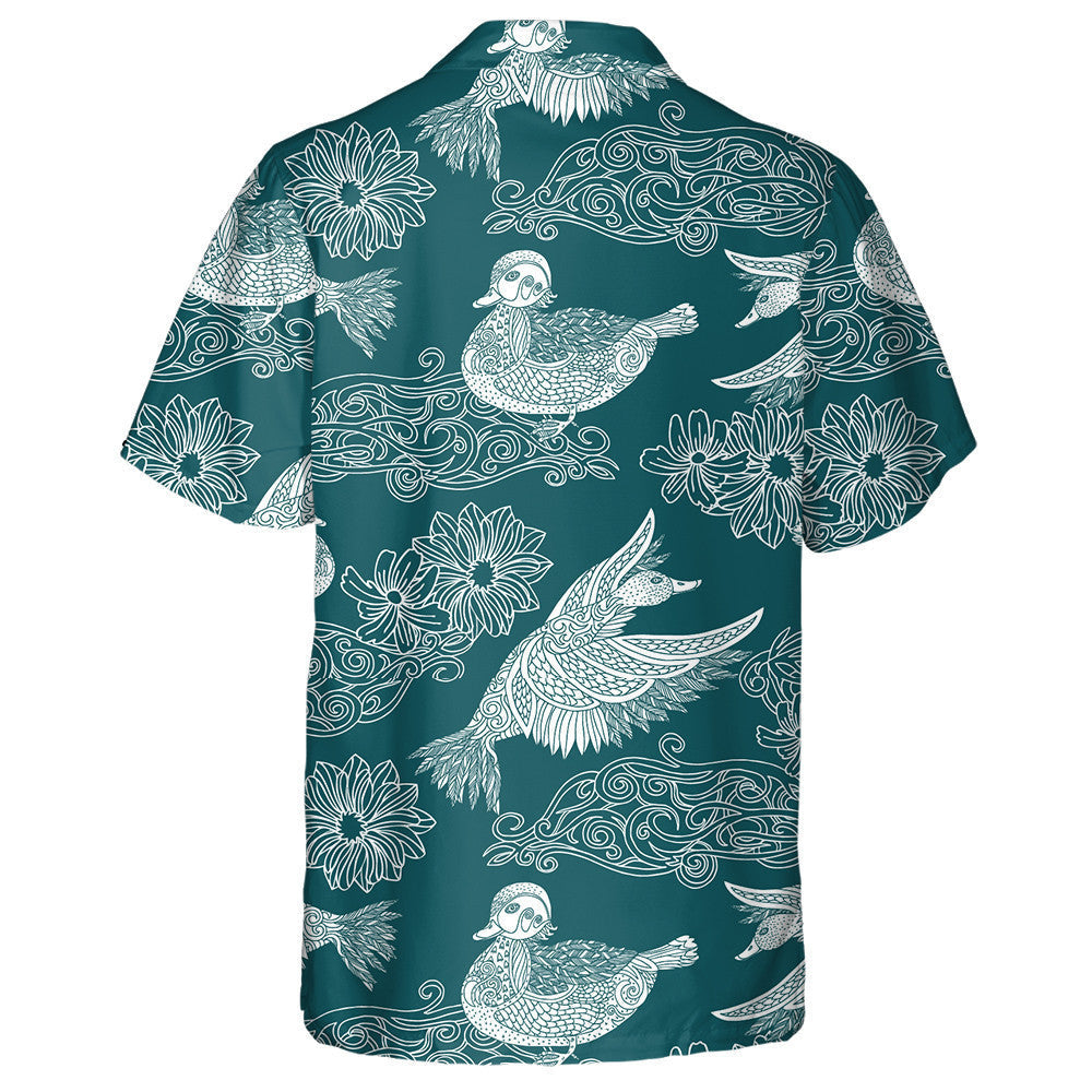 Hand Drawn Vintage Ducks And Flowers Ornament Hawaiian Shirt, Hawaiian Shirt Gift, Christmas Gift