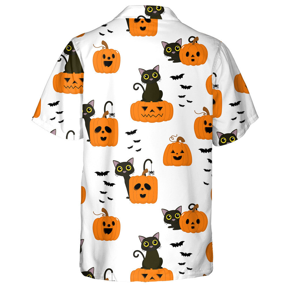Cute Black Cat Orange Pumpkin And Bat Hawaiian Shirt, Hawaiian Shirt Gift, Christmas Gift