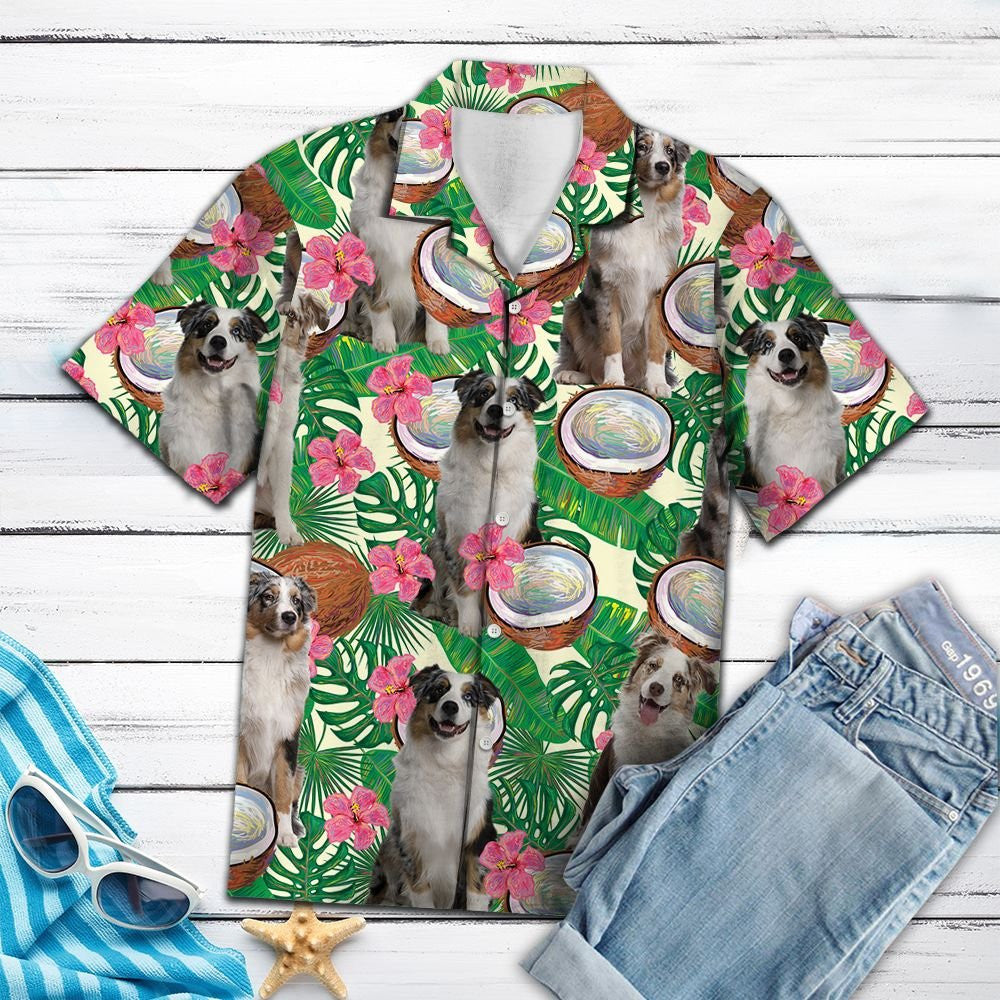 Awesome Australian Shepherd Tropical Coconut Pattern Hawaiian Shirt, Hawaiian Shirt Gift, Christmas Gift