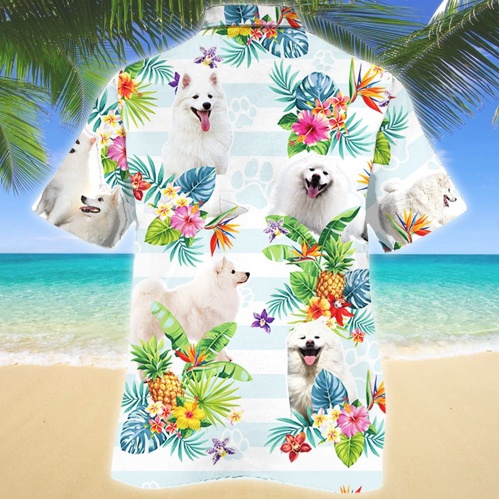 Kawaii American Eskimo Dog Tropical Flower Pattern Hawaiian Shirt, Hawaiian Shirt Gift, Christmas Gift