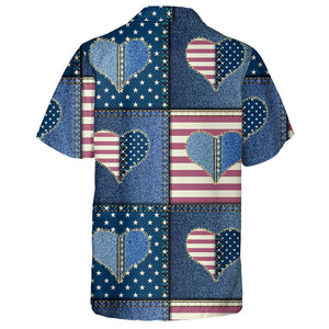 Denim Jean Knitted Patchwork With Heart And American Flag Hawaiian Shirt, Hawaiian Shirt Gift, Christmas Gift