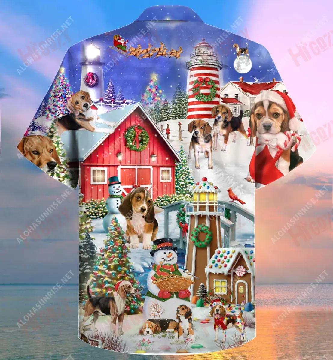 Beagles Welcome A Merry Christmas At Lighthouse Short Hawaiian Shirt Ocean Hawaiian T Shirts Vintage Hawaiian Shirts Hawaiian Shirts For Women, Hawaiian Shirt Gift, Christmas Gift