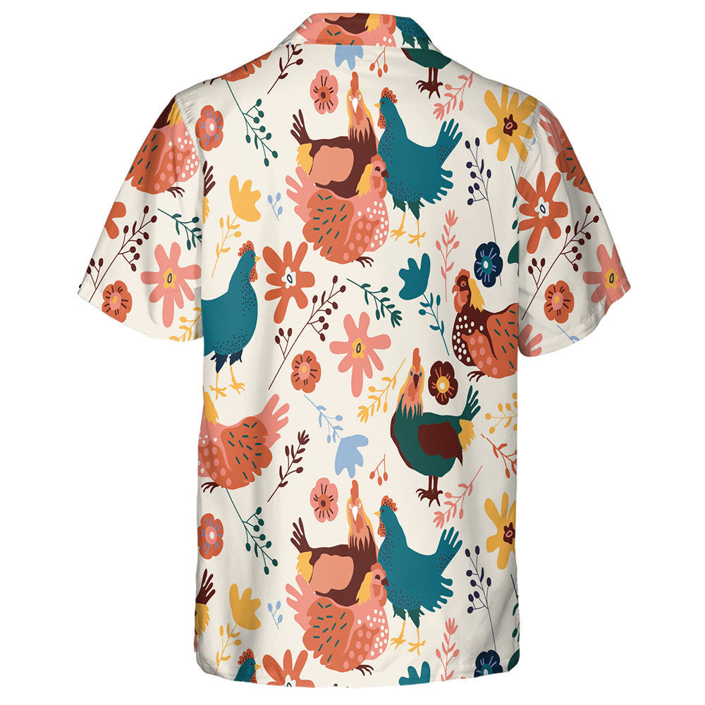 Chicken Hen And Colorful Tropical Flowers Hawaiian Shirt, Hawaiian For Gift