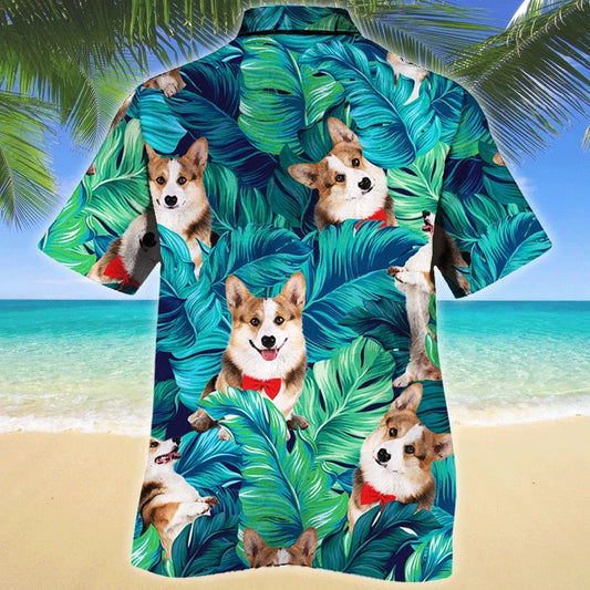 Welsh Corgi Dog Green And Blue Stripe Hawaiian Shirt, Hawaiian Shirt Gift, Christmas Gift
