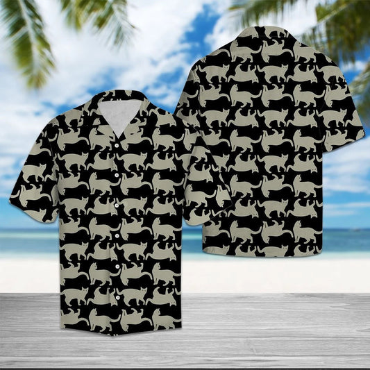 Playful Cat Black And White Line Pattern Hawaiian Shirt, Hawaiian Shirt Gift, Christmas Gift