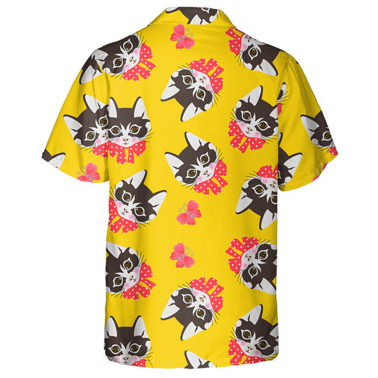 Cats Faces And Butterflies On Yellow Background Hawaiian Shirt, Hawaiian Shirt Gift, Christmas Gift