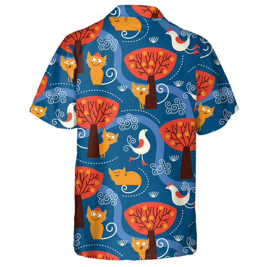 Cute Cats And Birds On Orange Forest Hawaiian Shirt, Hawaiian Shirt Gift, Christmas Gift