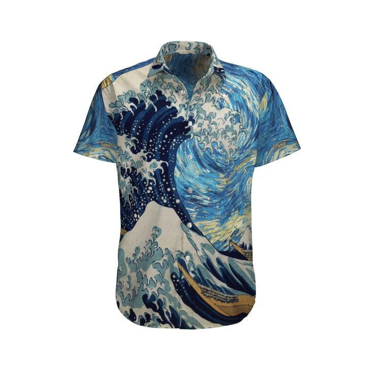 Gorm Agus Bán Aeistéitiúil Seapánach Patrún Ukiyoe Kanagawa Léine Haváís, Bronntanas Léine Haváís, Bronntanas Nollag