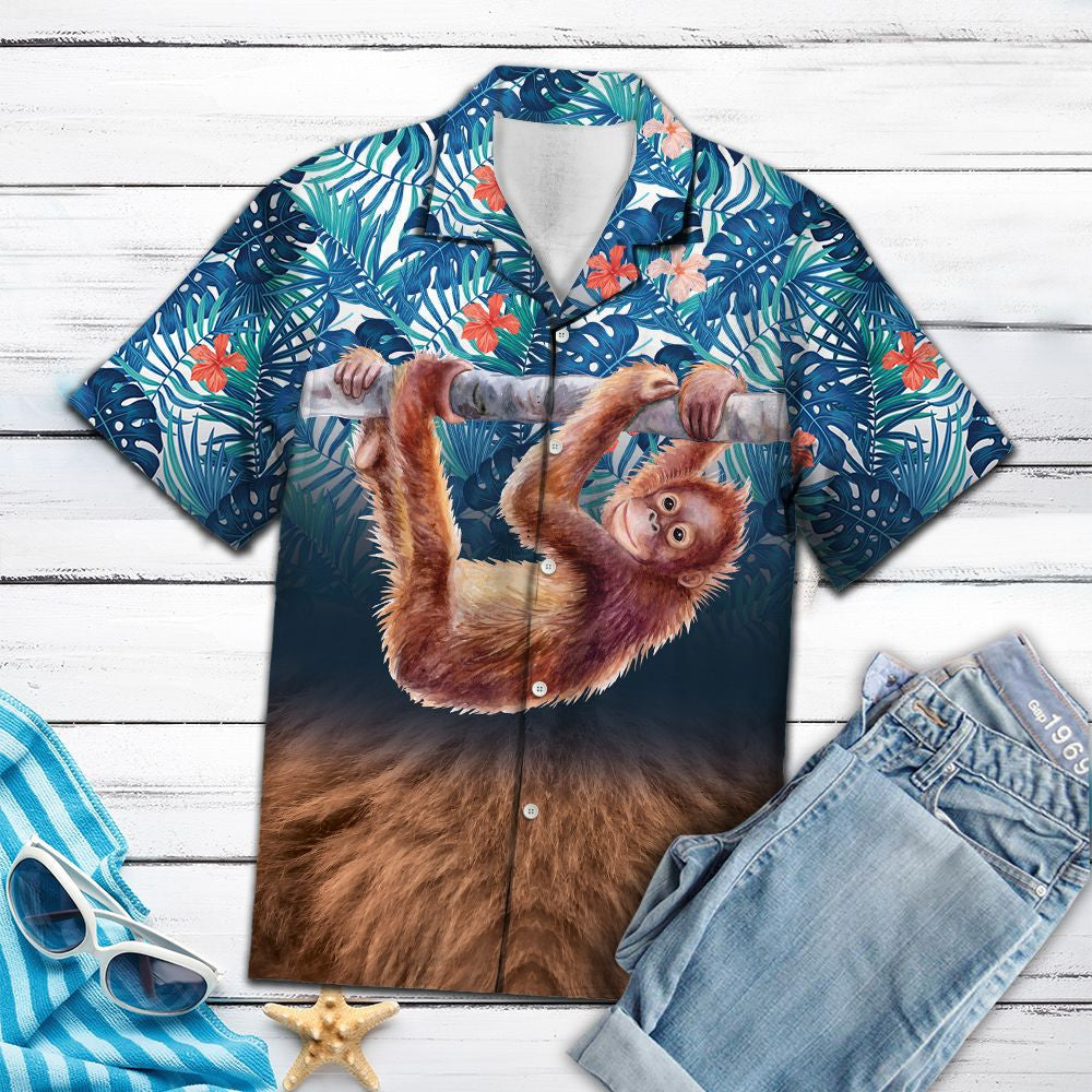 Lovely Monkey Hanging On Trunk Design Hawaiian Shirt,hawaiian Shirt Gift, Christmas Gift