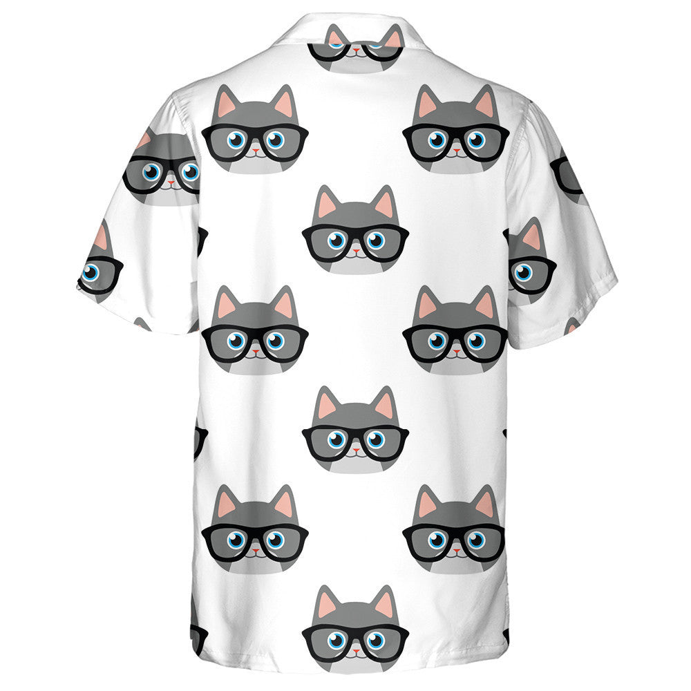 Grey Cat Face In Glasses On White Hawaiian Shirt, Hawaiian Shirt Gift, Christmas Gift