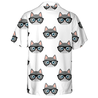 Grey Cat Face In Glasses On White Hawaiian Shirt, Hawaiian Shirt Gift, Christmas Gift