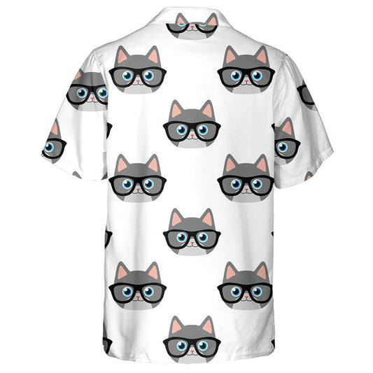 Grey Cat Face In Glasses On White Hawaiian Shirt, Hawaiian Shirt Gift, Christmas Gift