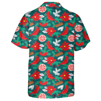 Watercolor Red Cardinal And Poinsettia Red Flower Hawaiian Shirt, Hawaiian Shirt Gift, Christmas Gift
