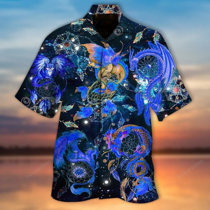 Dreamcatcher Dragon Blue Neon In Black Hawaiian Shirt,Hawaiian Shirt Gift, Christmas Gift