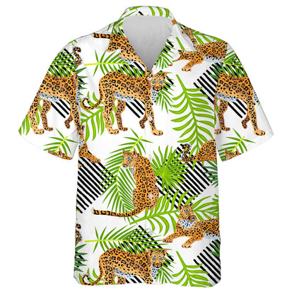 Tropical Leopards Palm Leaves And Stripes Style Hawaiian Shirt, Hawaiian Shirt Gift, Christmas Gift