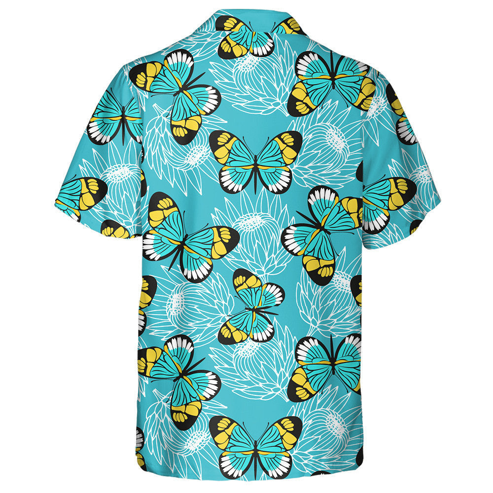 Féileacáin Láimhe Tarraingthe Agus Bláthanna Protea Léine haváíais, haváís le haghaidh bronntanais