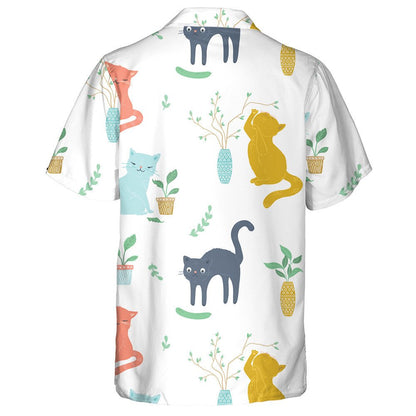 Simple Funny Cats And Plants On White Hawaiian Shirt, Hawaiian Shirt Gift, Christmas Gift