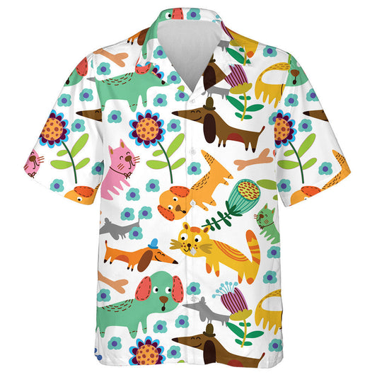 Funny Cat And Dog Animals In Flowers Hawaiian Shirt, Hawaiian Shirt Gift, Christmas Gift