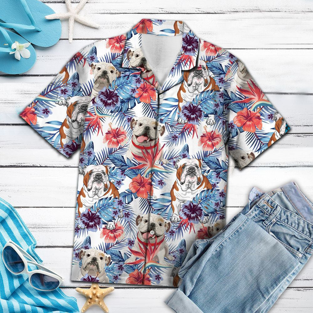 Bulldog Among Tropical Flowers Design Hawaiian Shirt, Hawaiian For Gift