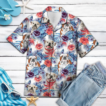 Bulldog Among Tropical Flowers Design Hawaiian Shirt, Hawaiian For Gift