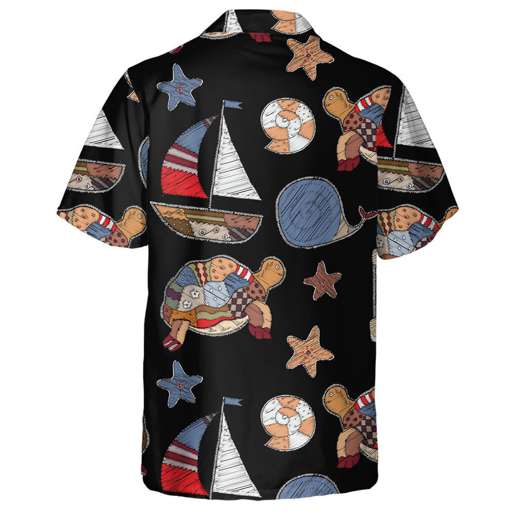 Patchwork Turtle Abstract Marine Style Embroidery Hawaiian Shirt,Hawaiian Shirt Gift, Christmas Gift