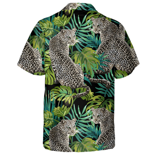 Leopard And Tropical Leaves On Black Background Hawaiian Shirt, Hawaiian Shirt Gift, Christmas Gift