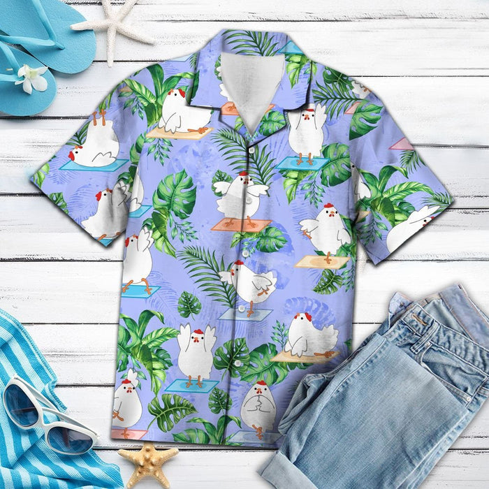 Chicken Yoga Dance With Tropical Leaves Pattern Hawaiian Shirt, Hawaiian Shirt Gift, Christmas Gift