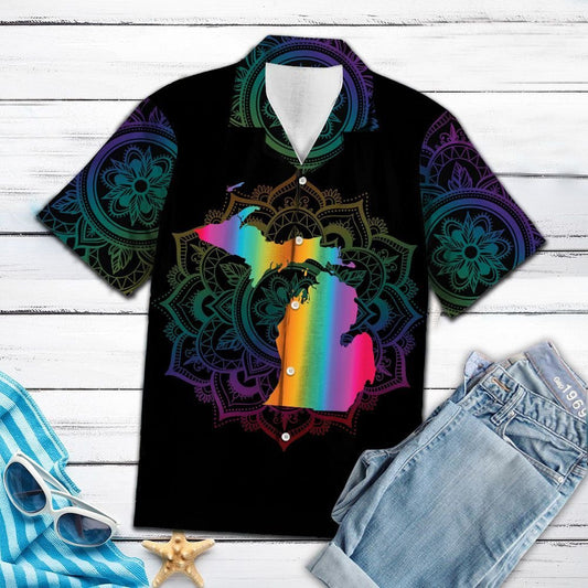 Léarscáil Uathúil Michigan Mandala Flower Léine Haváís Dark Téamach, Bronntanas Léine Haváís, Bronntanas Nollag