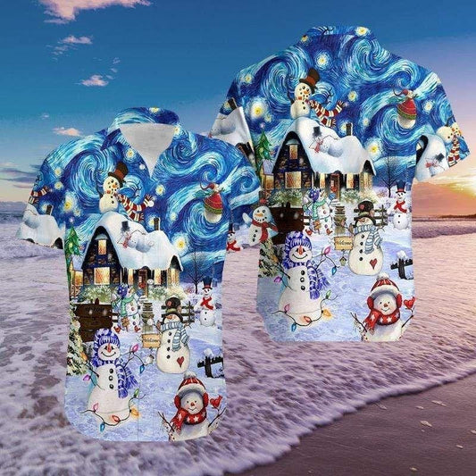 Vivid Snowman In Christmas Night Design Hawaiian Shirt, Hwaiian For Gift