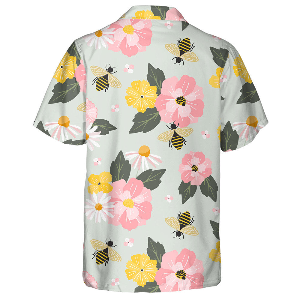 Cartoon Garden Flowers And Honey Bees Hawaiian Shirt, Hawaiian For Gift