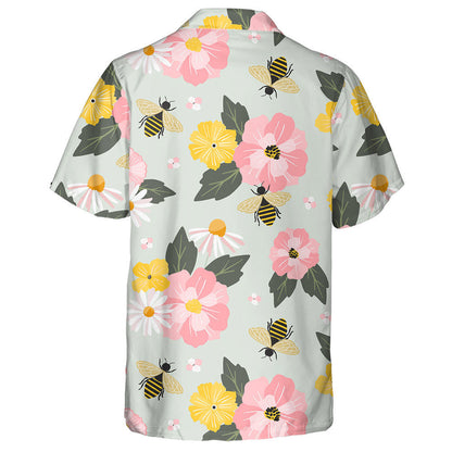 Cartoon Garden Flowers And Honey Bees Hawaiian Shirt, Hawaiian For Gift