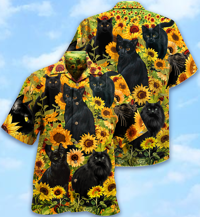 Black Cat Love Sunflower - Hawaiian Shirt, Hawaiian Shirt Gift, Christmas Gift
