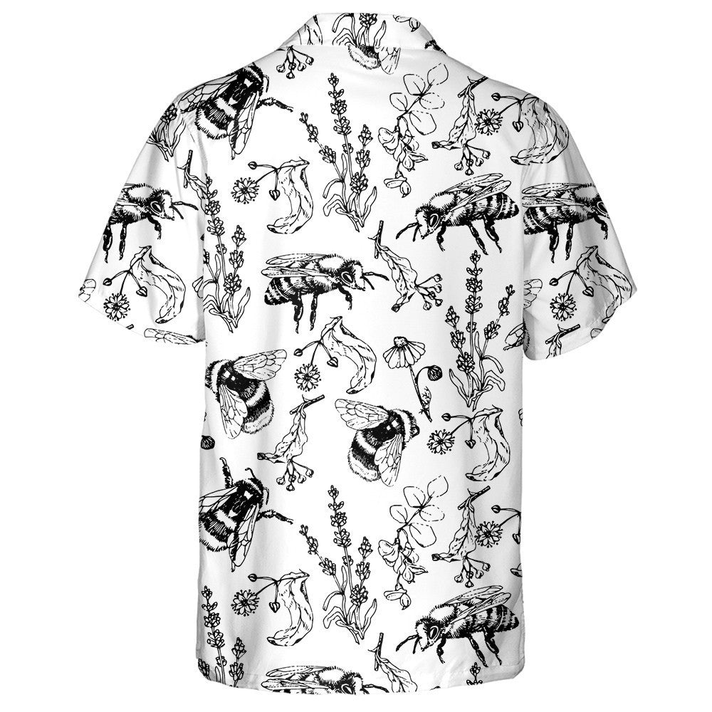 Black And White Bees And Honey Flowers Hawaiian Shirt, Hawaiian Shirt Gift, Christmas Gift