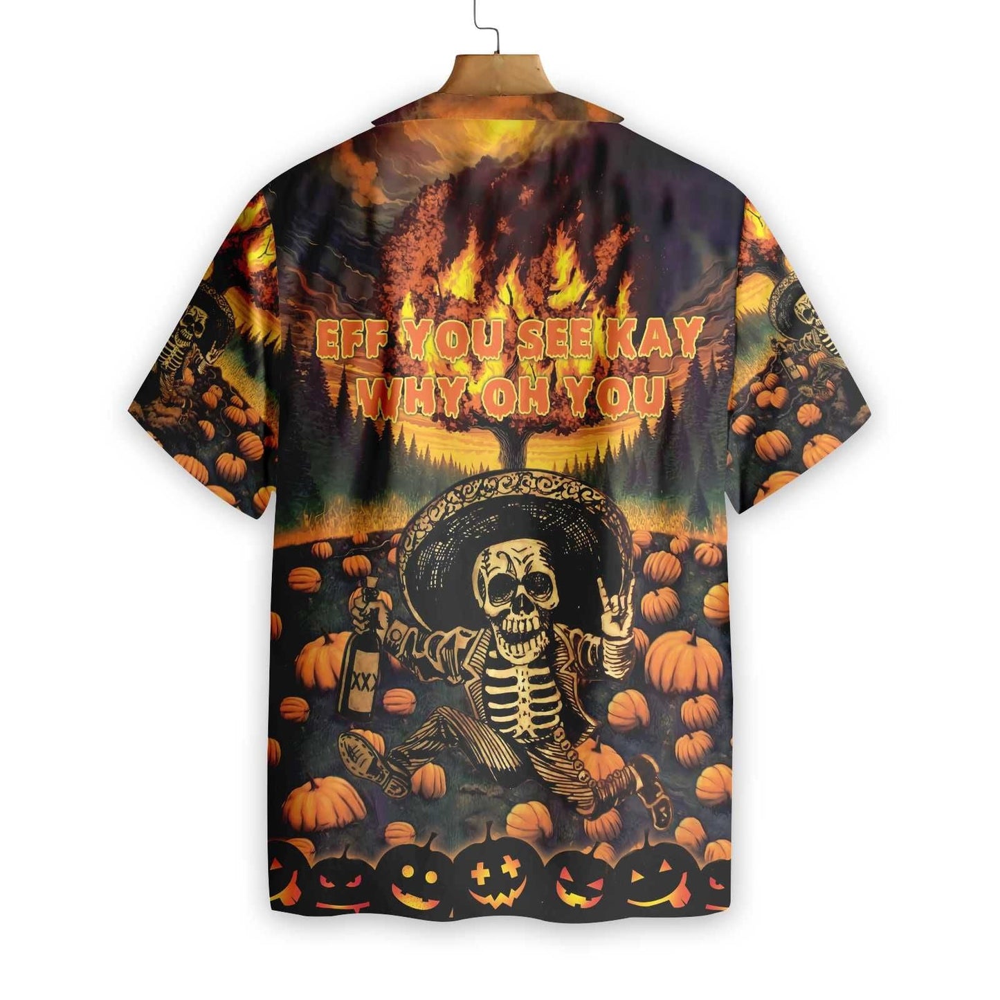 The Burning Pumpkin Sky And Skeleton Halloween Design Hawaiian Shirt, Hawaiian Shirt Gift, Christmas Gift