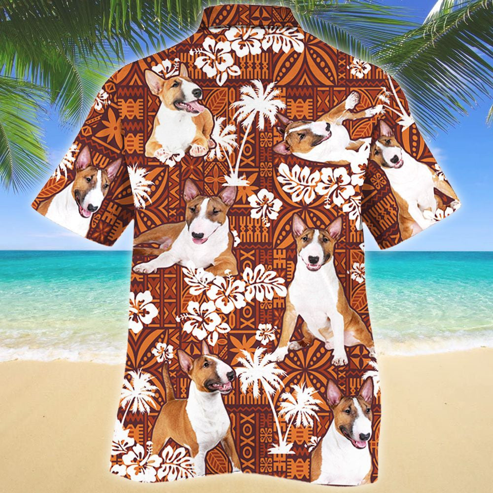 Impressive Miniature Bull Terrier Dog Red Tribal Pattern Hawaiian Shirt, Hawaiian Shirt Gift, Christmas Gift