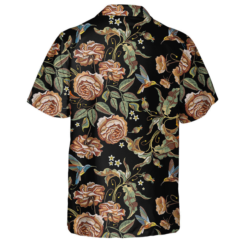Roses Branch Embroidery Classical Design With Hummingbird Hawaiian Shirt, Hawaiian Shirt Gift, Christmas Gift