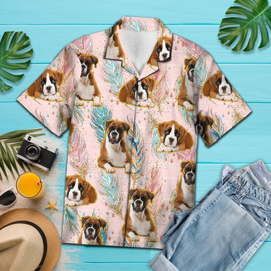 Tricolor Boxer Boho Feather On Pink Pattern Hawaiian Shirt, Hawaiian Shirt Gift, Christmas Gift