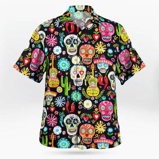 Colorful Pattern Of Sugar Skull And Flowers Hawaiian Shirt, Hawaiian Shirt Gift, Christmas Gift