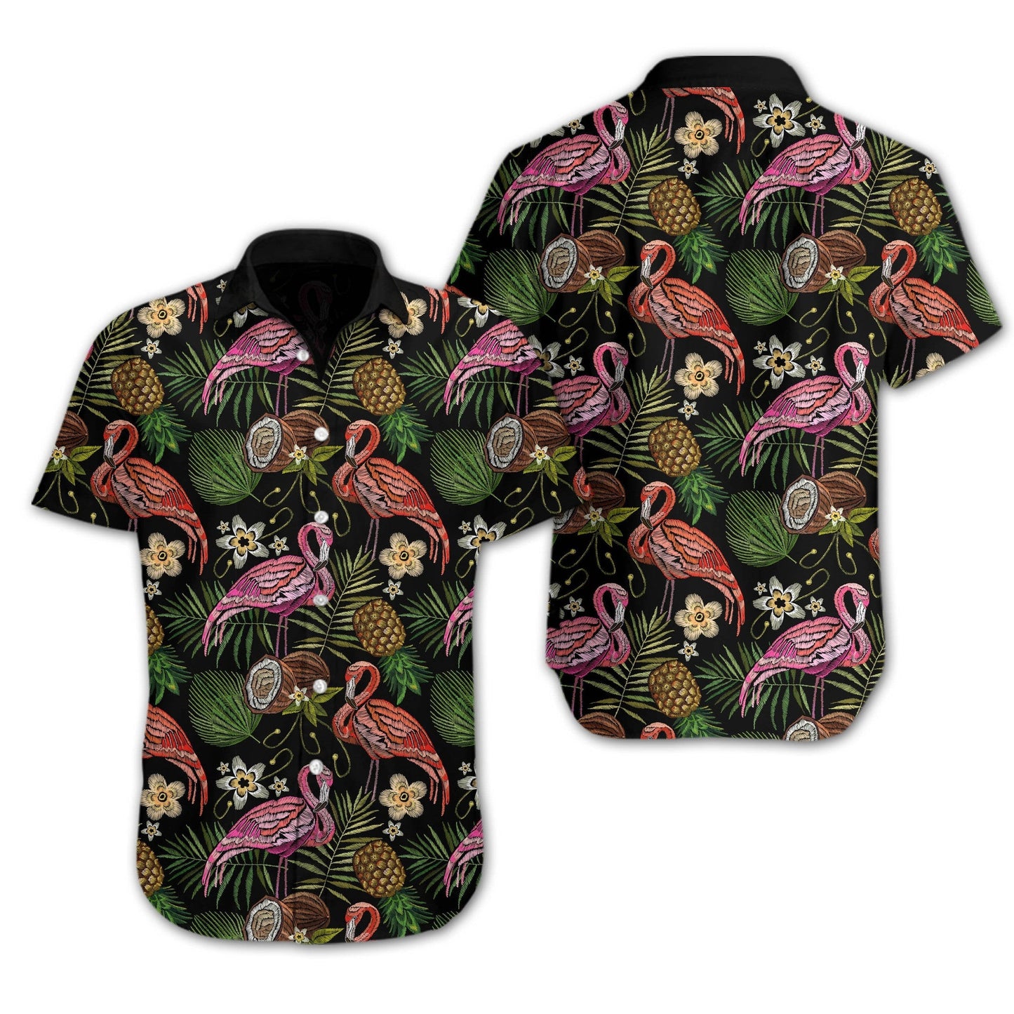 Into Tropical Forest Night Flamingo Embroidery Design Hawaiian Shirt, Christmas Gift