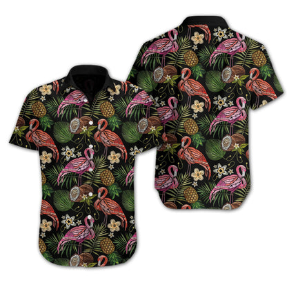 Into Tropical Forest Night Flamingo Embroidery Design Hawaiian Shirt, Christmas Gift