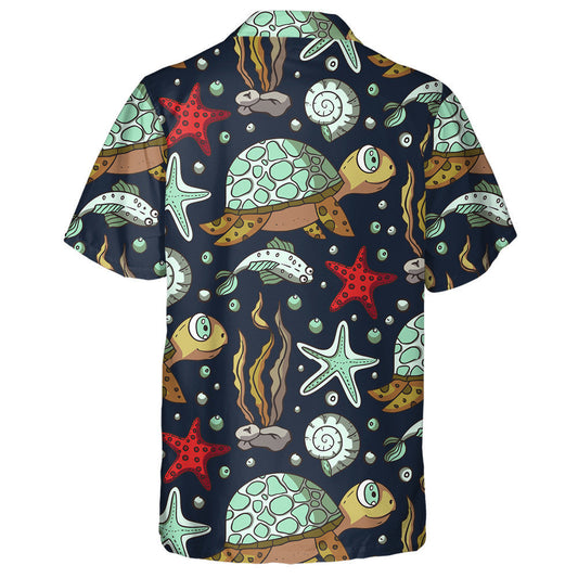 Hand Drawn Summer Ocean Cartoon Turtle Hawaiian Shirt, Hawaiian Shirt Gift, Christmas Gift