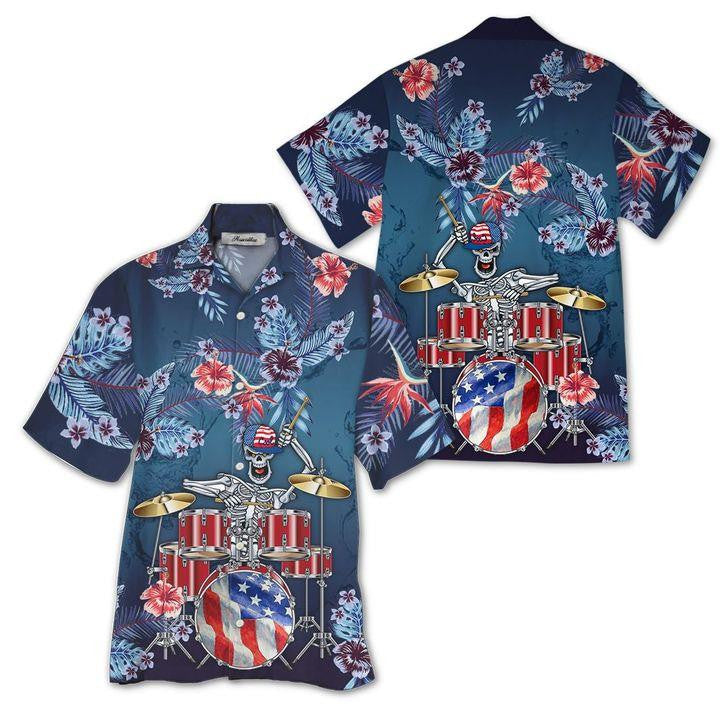 Apayprint Drum America Blue Flower Themed Hawaiian Shirt, Hawaiian For Gift