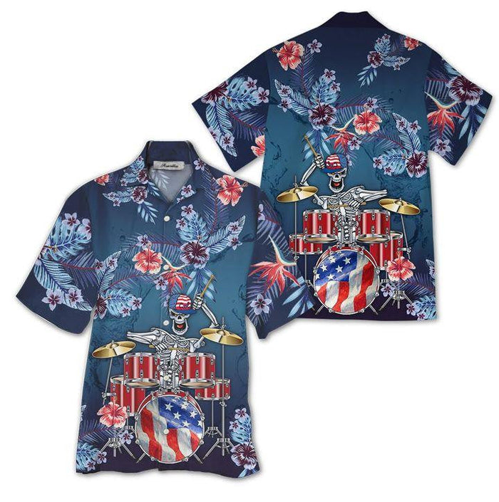 Apayprint Drum America Blue Flower Themed Hawaiian Shirt, Hawaiian For Gift