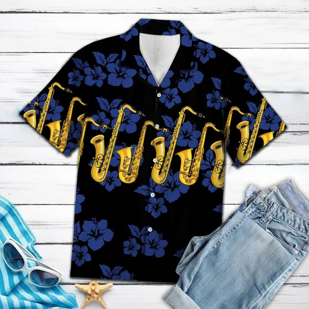 Golden Saxophone With Blue Hibiscus In Black Hawaiian Shirt, Hawaiian Shirt Gift, Christmas Gift