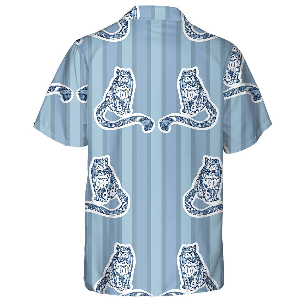 Blue Snow Leopards On Stripes Background Hawaiian Shirt, Hawaiian For Gift