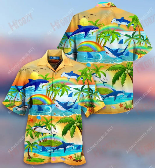 Bright Rainbow And Sharks Short Hawaiian Shirt Hobbies Tropical Shirts Tactical Hawaiian Shirt Crazy Shirts Hawaii,Hawaiian Shirt Gift, Christmas Gift