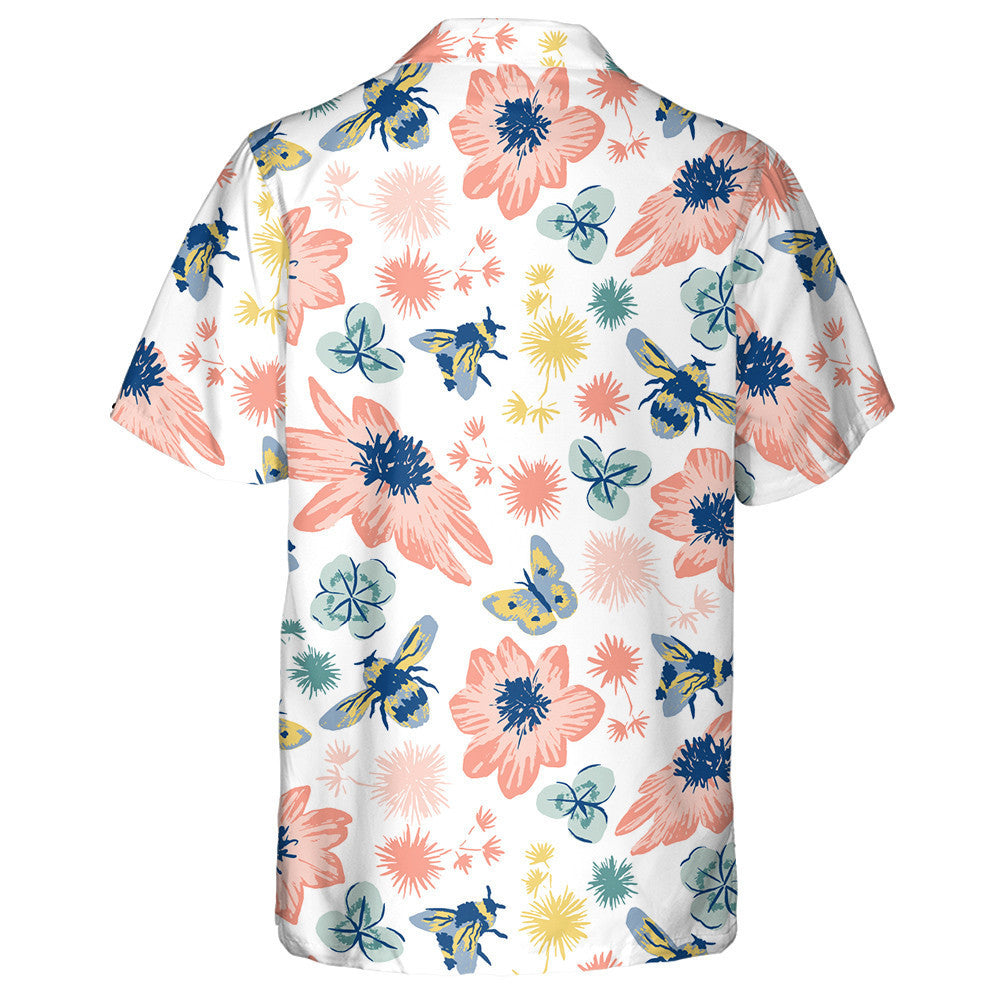 Bees Insects With Flowers And Clover Hawaiian Shirt, Hawaiian For Gift