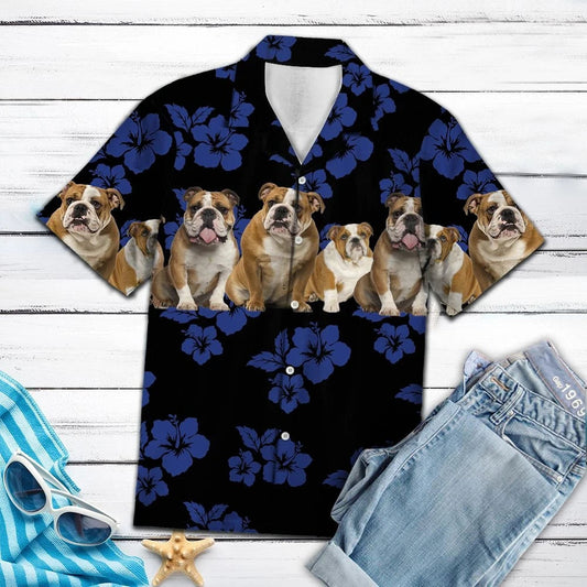 Bulldog Álainn Le Hibiscus Gorm I nDearadh Dubh Léine Haváís, Bronntanas Léine Haváíais, Bronntanas Nollag